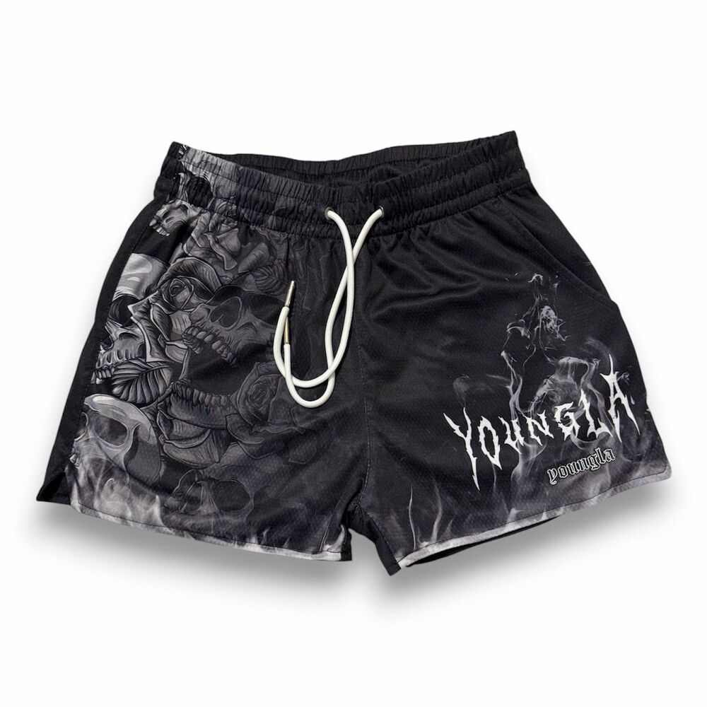 YoungLA Skull & Rose Smoke Graphic Mesh Gym Shorts in Black | Size Medium | EUC